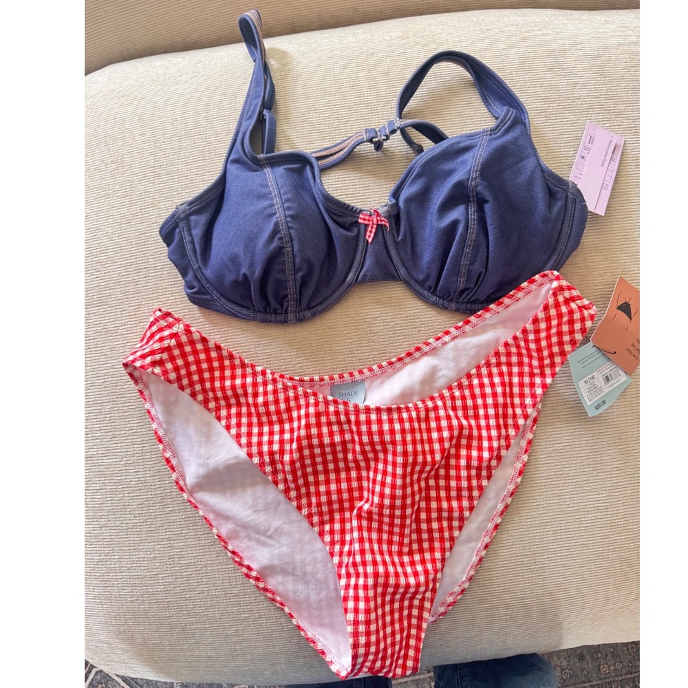 Wild Fable Denim Underwire Bikini Top & Shade Shore Gingham Cheeky Bottoms XL